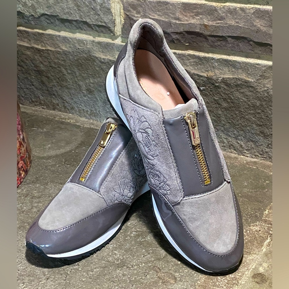 Taryn Rose Gray Suede & Patent Zip Slip-On Sneakers